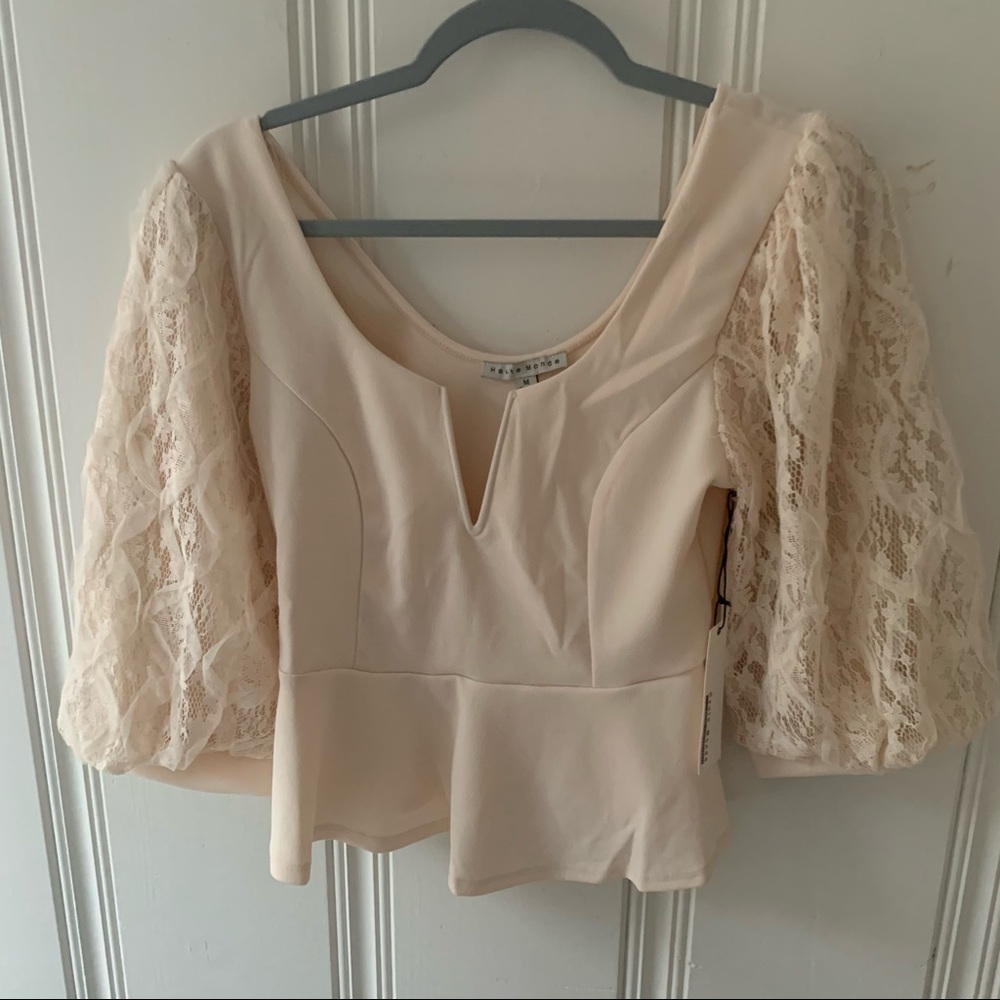 Haute Monde Cream Lace V Neck Balloon Sleeve Peplum Blouse Size Medium nwt